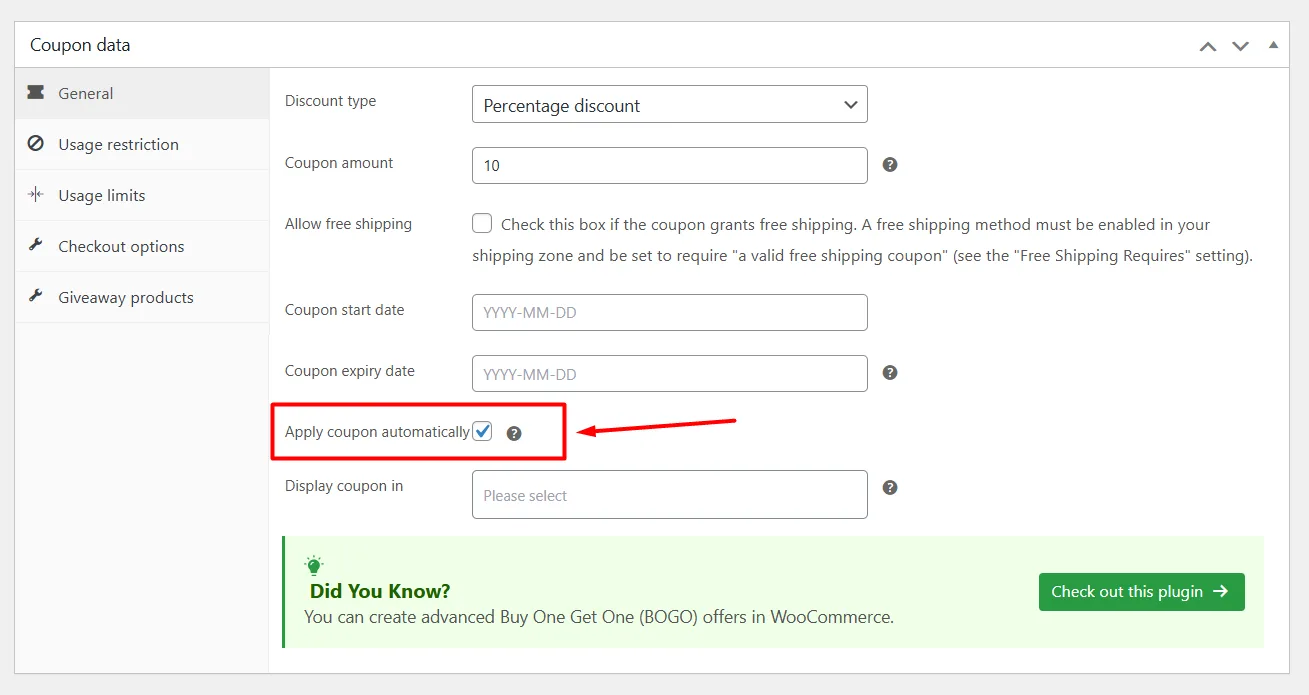 how to set up automatic coupons in WooCommerce