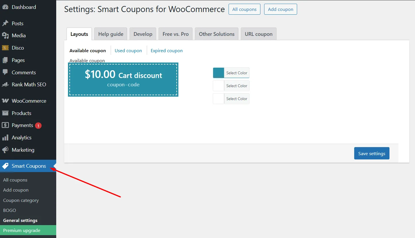 coupon settings