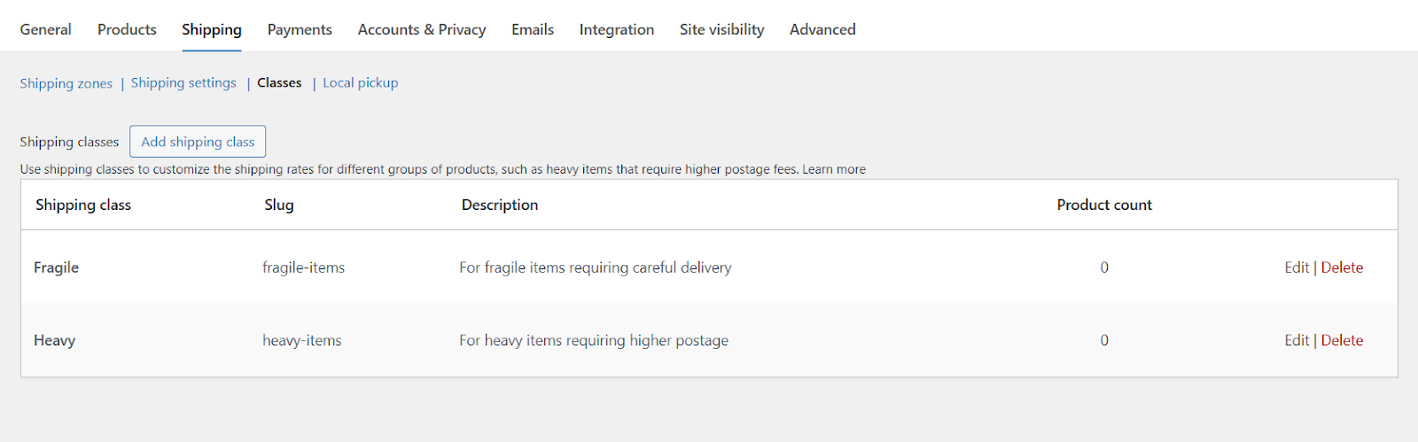 shipping classes
