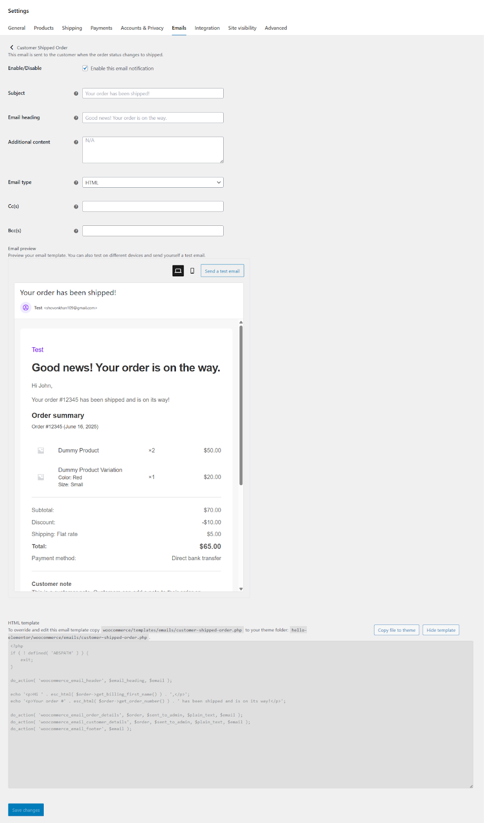 custom order email