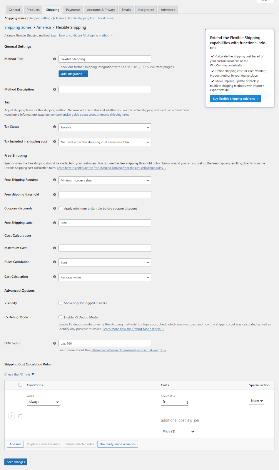 shipping settings