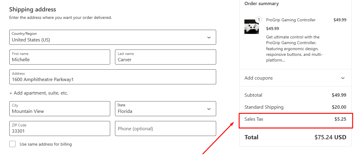 sales tax in checkout page