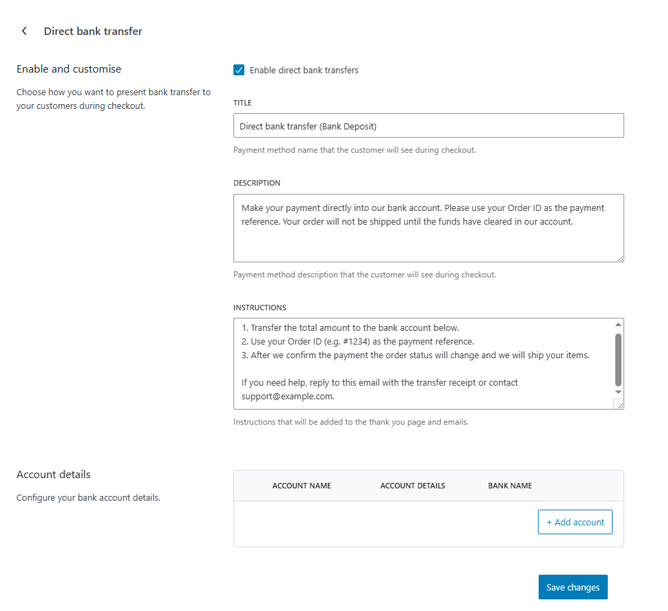 Bank Transfer details