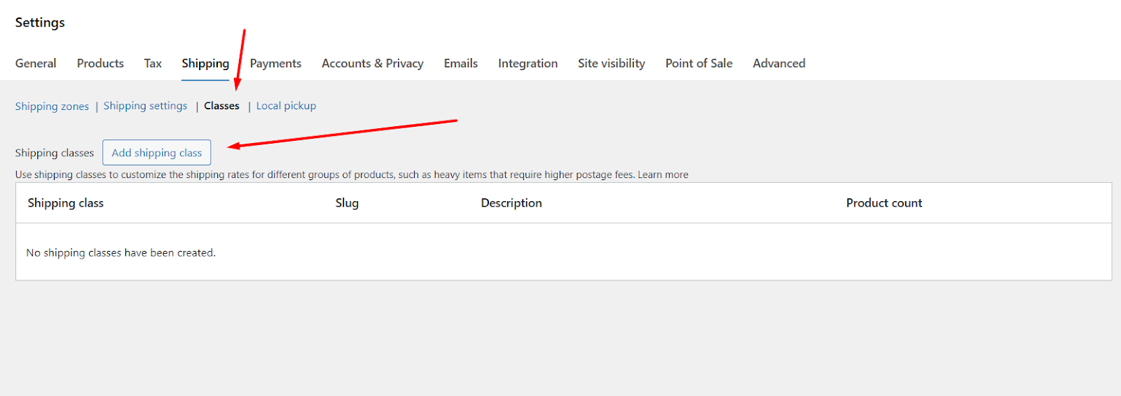 Configure shipping classes WooCommerce