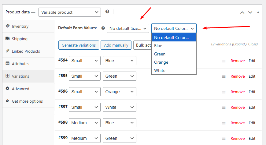default form values