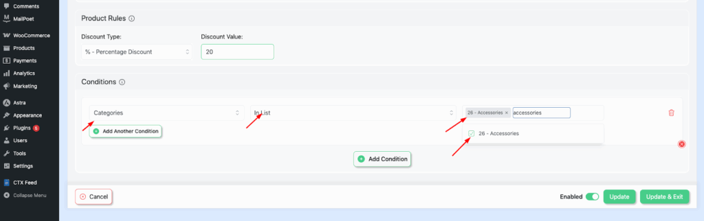 Example: Select the Child category (Accessories). This ensures the discount rule applies only to products in the Accessories sub-category, not the entire parent category.