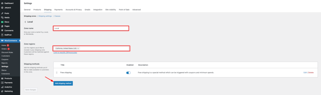 Enable Free Shipping in WooCommerce Settings