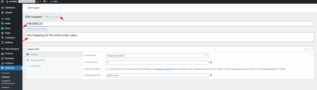 create woocommerce coupon