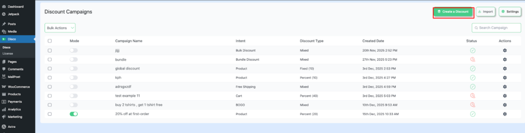 How to Set Up a WooCommerce First Order Discount? 2 Step 1: Go to “ Disco ” from your WordPress dashboard, click to →Create a discount