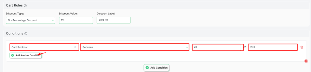 How to Add Tiered Subtotal Discounts in WooCommerce? 11 Add "conditions" as "cart subtotal , between (20-200)