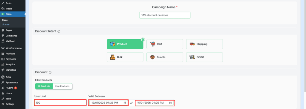 Set “ User limit ” and “ Validity date ”