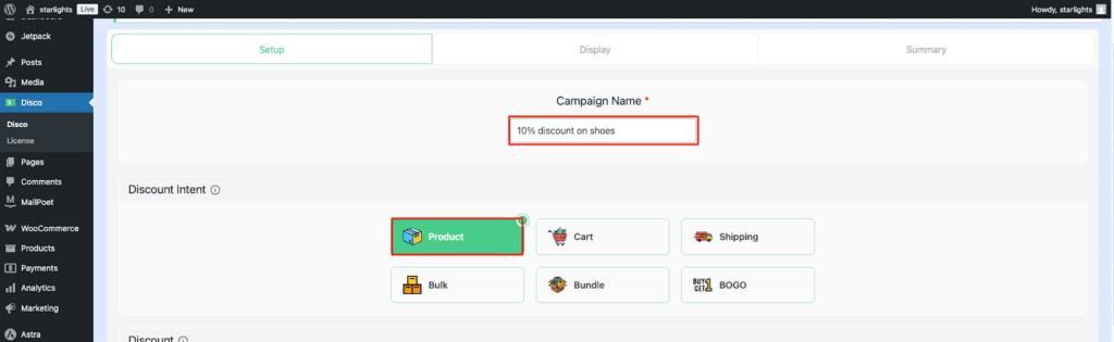 Enter a Campaign name (e.g.,10% off shoes) and select Product Intent.