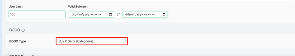 In the BOGO section, choose the BOGO as type “ Buy X Get Y categories. “