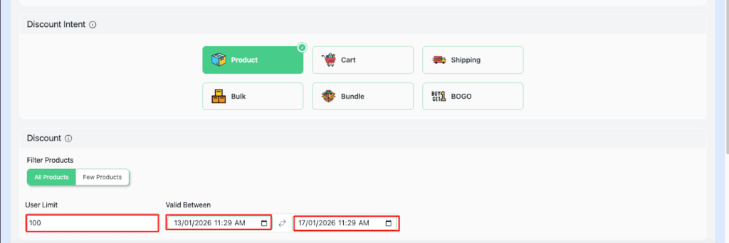 Set “ User limit” to 100; this ensures 100 customers can claim this offer. And set the “Validity date” from 13/01/2026 to 17/01/2026.