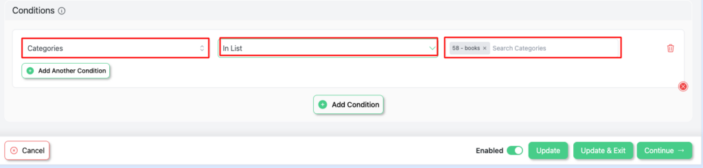To the Conditions section, set categories- In list ( included) - books