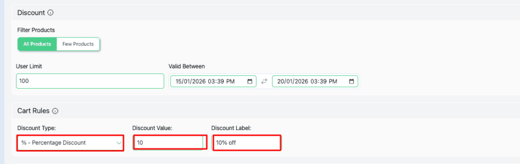 Set the Cart Rules as Discount type - percentage discount, Discount label- 10% off