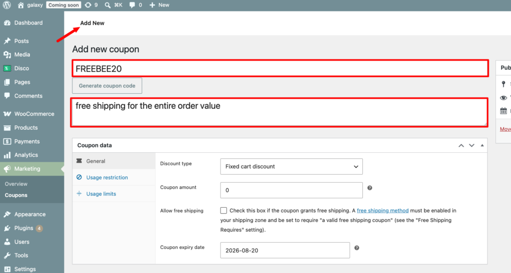 Adding a new WooCommerce coupon with code, description, and coupon expiry date fields