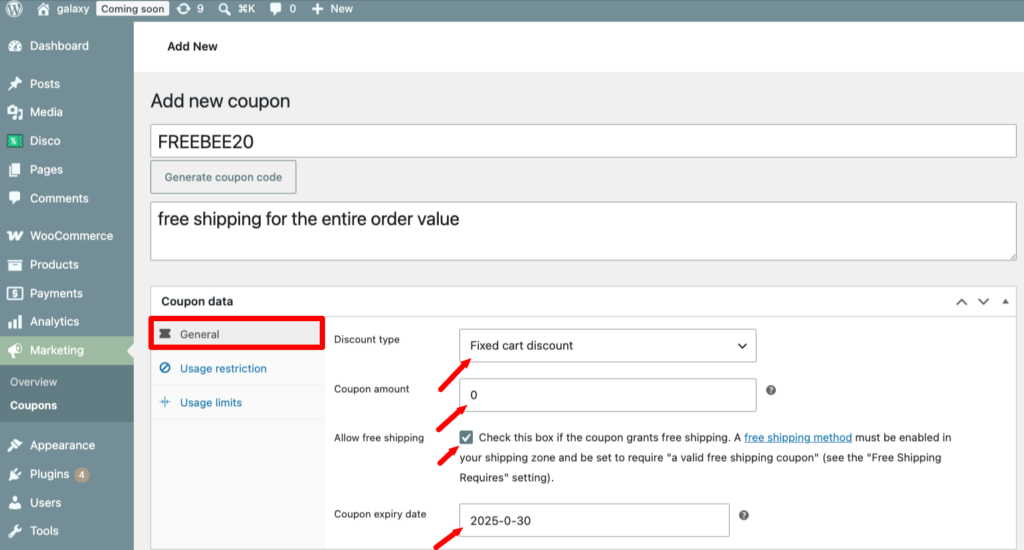 Configuring WooCommerce coupon "General" settings with Allow free shipping checked