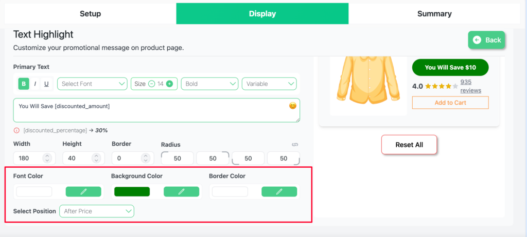 Badge color controls font, background, and border color pickers