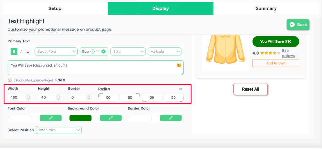 Badge size controls width, height, border, radius, and position dropdown