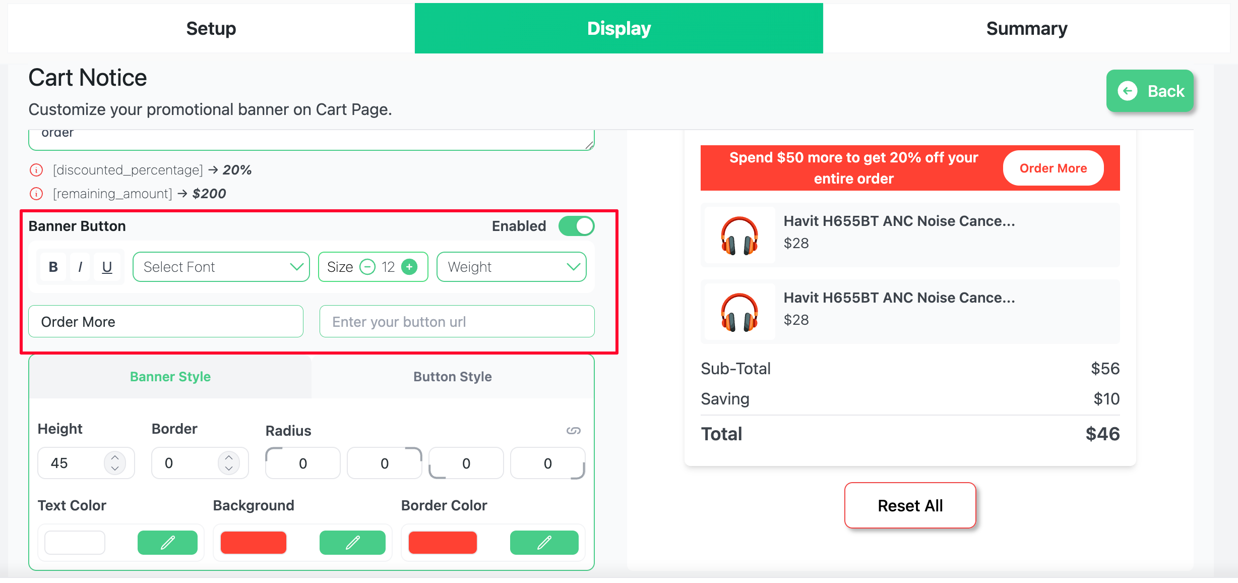 Banner Button settings — text, URL, and style options