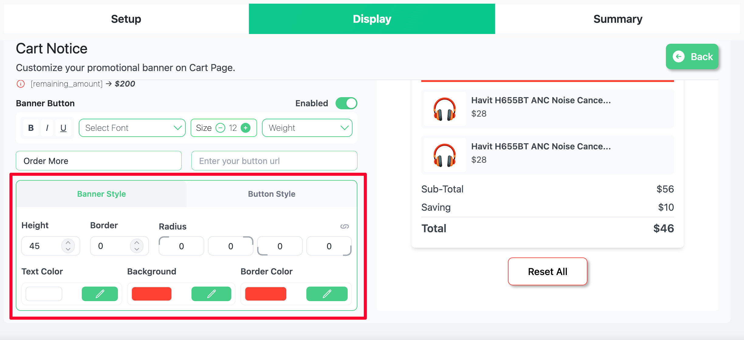 Banner Style controls height, border, radius, colors