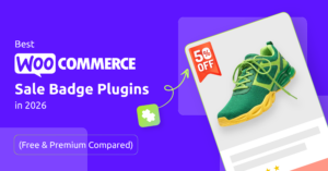 Featured image for "Best WooCommerce Sale Badge Plugins in 2026" showing a sample product badge on a sneaker listing