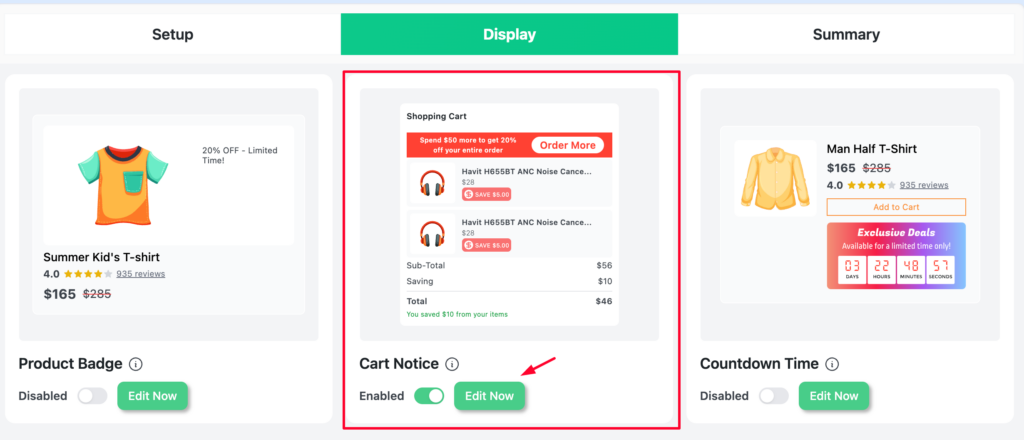 Cart Notice block with toggle Enabled and Edit Now button