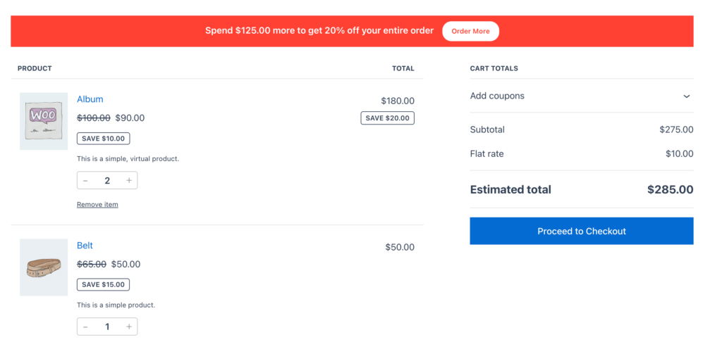Cart page showing the live Cart Notice banner above cart items
