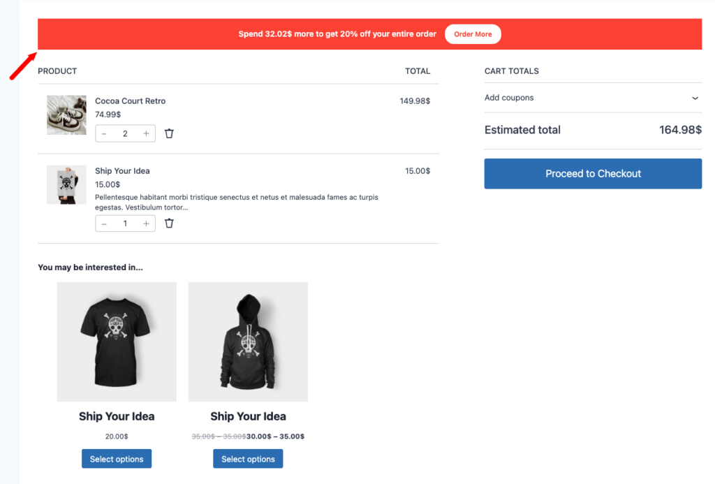 How to Create Black Friday Sales in WooCommerce (Setup Guide & Plugin) 5 WooCommerce cart notice showing progress toward a Black Friday discount threshold