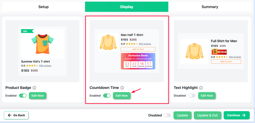 Countdown Timer block with toggle Enabled and Edit Now button