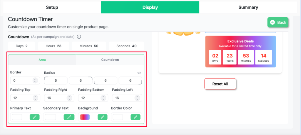 Countdown Timer style controls Area tab and Countdown tab