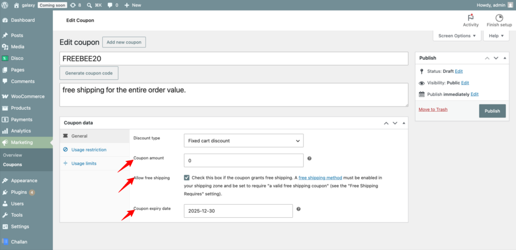 How to Run a Sale in WooCommerce? (8 Proven Methods) 8 Edit coupon FREEBEE20 ‹ galaxy — WordPress 1