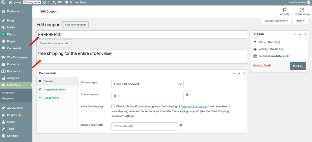 How to Run a Sale in WooCommerce? (8 Proven Methods) 7 Edit coupon FREEBEE20 ‹ galaxy — WordPress