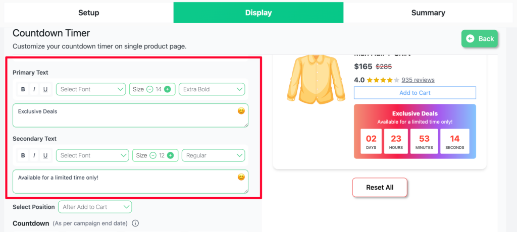 Primary Text and Secondary Text fields with font controls