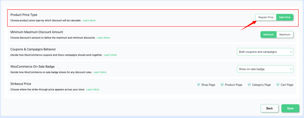 disco plugin settings -Product Price Type