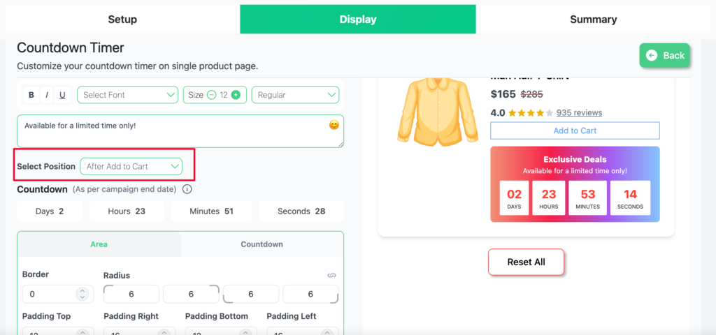 Select Position dropdown on the Countdown Timer editor