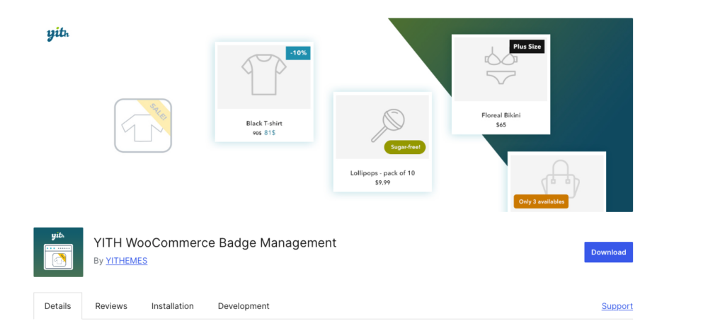 YITH WooCommerce Badge Management WordPress.org plugin page showing example product badges like "-10%," "Sugar-free," "Plus Size," and "Only 3 available"