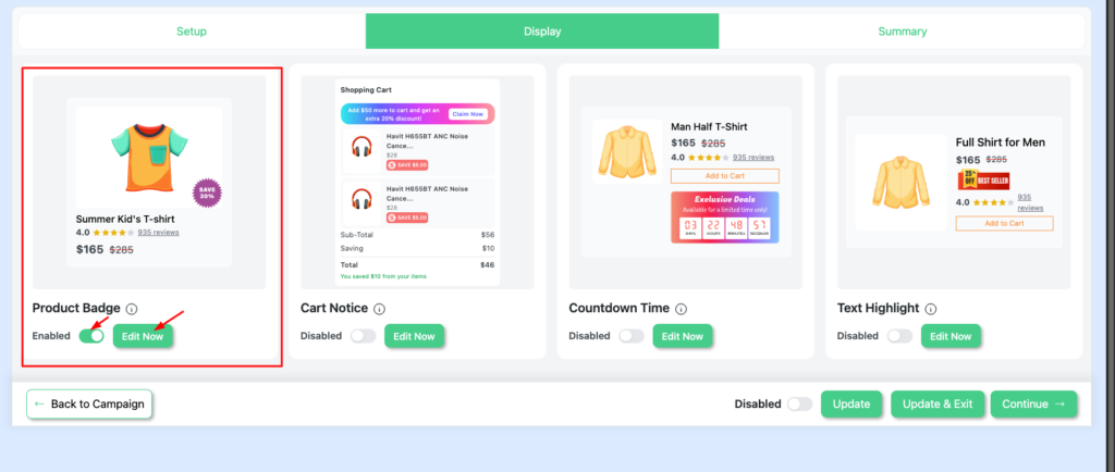 Disco plugin Display tab showing the Product Badge
section enabled with Edit Now button highlighted —
WooCommerce sale badge customization dashboard