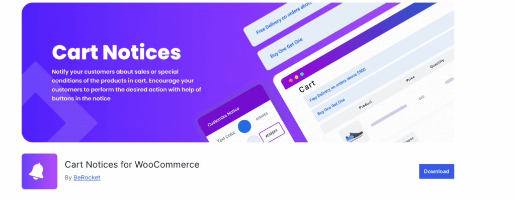Cart Notices for WooCommerce plugin banner by BeRocket – showing customizable cart notice examples including free delivery and BOGO deal notifications