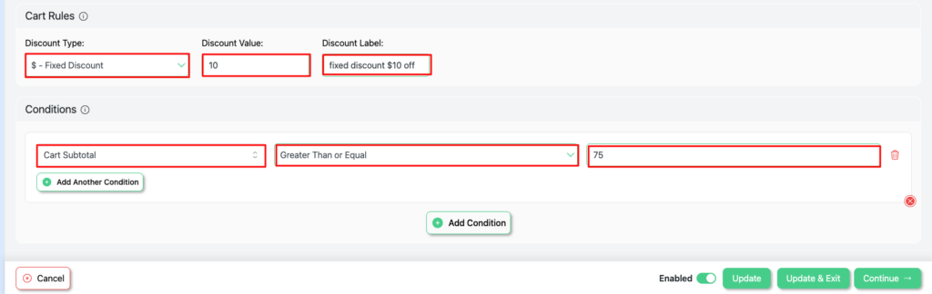 Disco WooCommerce plugin cart rules configuration showing fixed cart discount of with "fixed discount off" label and cart subtotal condition set to greater than or equal to for automatic discount application at checkout.