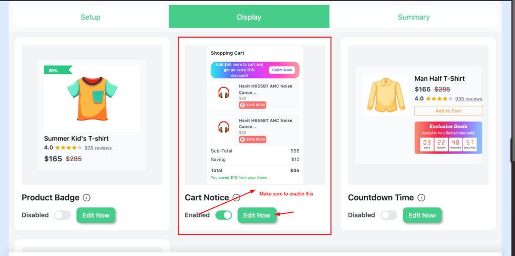 **Alt text:**
Disco WooCommerce fixed cart discount display settings showing cart notice enabled — with shopping cart preview displaying automatic saving, "You saved from your items" message, and a progress nudge prompting customers to add more to unlock an extra 20% discount.