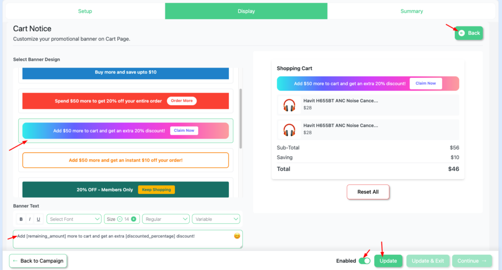 **Alt text:**
Disco WooCommerce fixed cart discount cart notice customisation screen showing multiple promotional banner designs with dynamic text variables — displaying a live shopping cart preview with automatic saving applied and a progress nudge encouraging customers to spend more to unlock additional discounts.