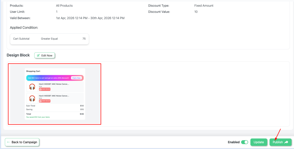 **Alt text:**
Disco WooCommerce fixed cart discount summary page showing fixed amount discount of applied to all products with cart subtotal condition of or greater, valid from 1st to 30th April 2026 — clicking Publish to activate the automatic discount rule at checkout.