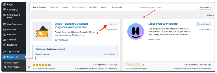Installing Disco WooCommerce buy 2 get 1 free discount plugin from WordPress plugin search