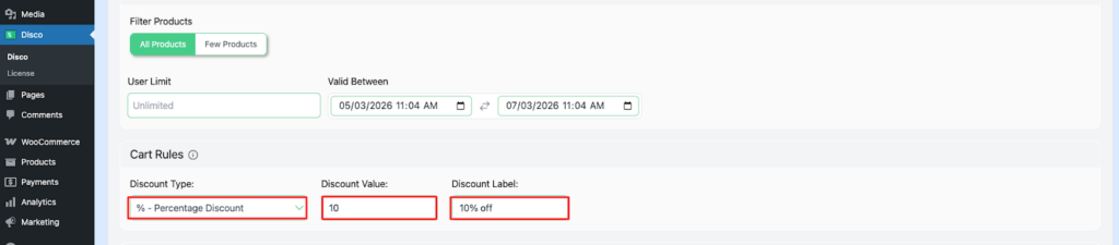 Step 6 of setting up an automatic cart discount in WooCommerce — configuring Cart Rules with percentage discount type, value of 10, and discount label in the Disco plugin