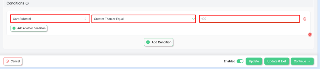 Step 7 of setting up an automatic cart discount in WooCommerce — Conditions section showing Cart Subtotal greater than or equal to 0 threshold configured in the Disco plugin