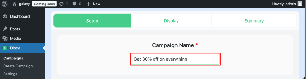 Setting up campaign name in Disco plugin to change WooCommerce sale badge — discount rule configuration in WordPress dashboard