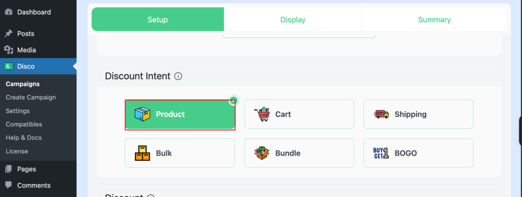 Selecting product discount intent in Disco to configure WooCommerce sale badge — product, cart, shipping, bulk, bundle, and BOGO options