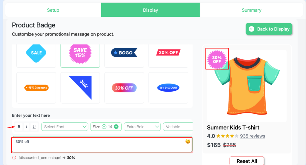 Change WooCommerce sale badge text to 30% off using Disco — product badge editor with custom text, font, and dynamic percentage options